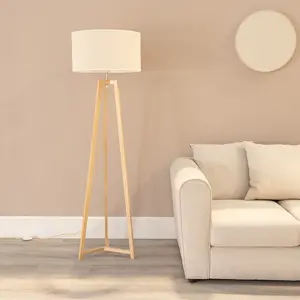 ValueLights Lottie Natural Wood Tripod Floor Lamp with Linen White Trim Drum Shade