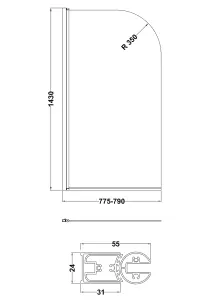 Brushed Brass Reversible Hinged 6mm Glass Bath Shower Screen, 1430 x 790mm