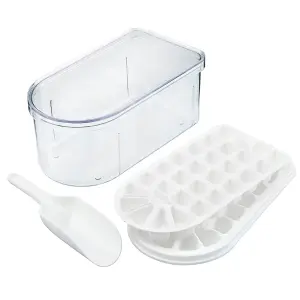 Ice Cube Tray & Container - Multi Layer Ice Bucket Storage Box with Scoop & 2 Moulds That Make Up to 58 Cubes - 10 x 11.5 x 21cm