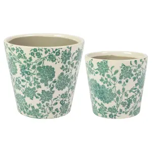 Set of 2 Green Floral Pots Indoor Outdoor Garden Hallway Room Decor Planter Pots