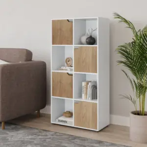 URBNLIVING 119cm Height 8 Cubes White Wooden Bookcase Shelving Display Shelf Oak Door Storage Unit