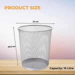 MantraRaj Silver Round Metal Mesh Waste Paper Bin Lightweight Circular Mesh Trash Can Waste Basket Garbage Can Waste Bin(1)