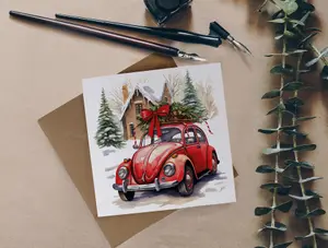 Eco-Friendly Christmas Cards - Recycled Card Plastic Free Xmas Greetings Card Gift - Vintage Red Car - Pack of 10