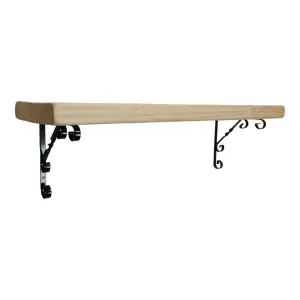 Solid Wood Handmade Rustical Shelf Unprimed 145mm 6 inch with Black Metal Bracket WO Length of 190cm