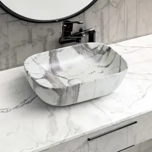 7840 Ceramic 45cm x 32cm Oblong Countertop Basin in White Marble Effect