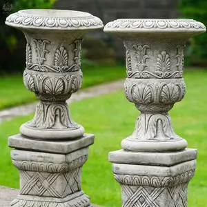 Pair of Classical Urns + Plinths Stone Planters British made Garden Ornament