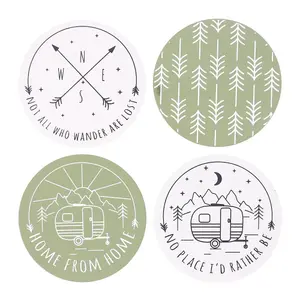 Something Different Happy Camper Coaster Set (Pack of 4) Green/White/Brown (One Size)