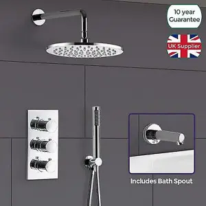 Modern Three-Dial Three-Way Concealed Round Thermostatic Valve With Shower Head Handset and Bath Filler Kit