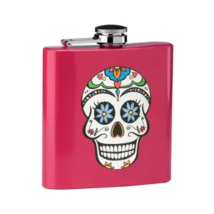 Maison by Premier Hip Flask Skull Design With Pink Finish