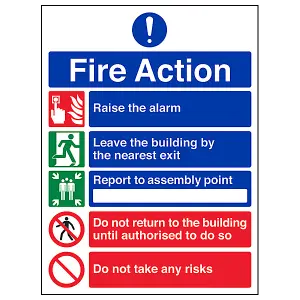 FIRE ACTION Safety Sign 5 Point Message Risks - Self-Adhesive - A4