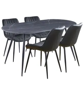 Hallowood Furniture Cullompton Large 160cm Oval Table, Grey Marble Effect Top, with 4 Black Bonded Leather Dining Chairs