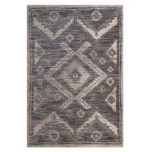 Charcoal Grey Textured Woven Diamond Tribal Easy Clean Durable Indoor Outdoor Area Rug 60x110cm