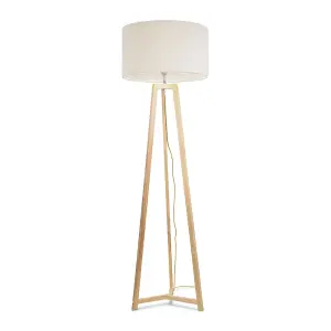 ValueLights Lottie Natural Wood Tripod Floor Lamp with Cream Boucle Drum Shade - LED Bulb Included