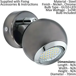 2 PACK Wall Spot Light Round Colour Nickel Chrome Shade GU10 1x3W Included