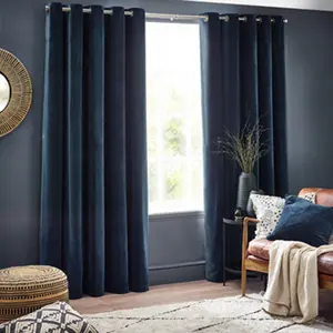 Yard Heavy Chenille Velvet Eyelet Curtains, Navy