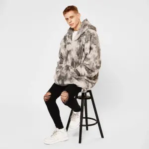 Dreamscene Tie-Dye Hooded Blanket Oversized Wearable Sherpa Throw, Charcoal Grey