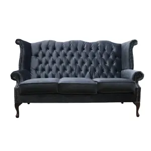 Chesterfield 3 Seater High Back Sofa Amalfi Charcoal Black Velvet Fabric In Queen Anne Style