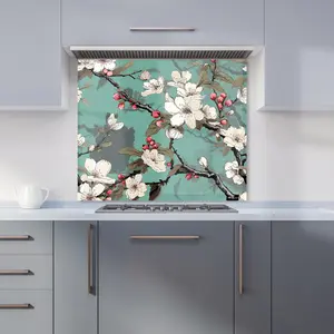 Pink Blossom Asian Design Premium Glass Kitchen Splashback W700mm x H650mm