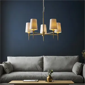 Multi Arm Hanging Ceiling Pendant Light - Satin Brass Plate & Vintage White Fabric Shade - 5 x 6W LED E14