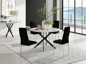 Furniturebox UK Novara White Marble Black Leg 120cm Round Dining Table & 4 Black Velvet Milan Chairs