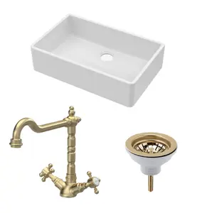 Fireclay Kitchen Bundle - Single Bowl Butler Sink, Waste & Classic Mono Tap, 795mm - Brushed Brass - Balterley