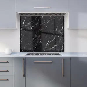 Polished Black Quartz Effect Premium Glass Kitchen Splashback W700mm x H750mm