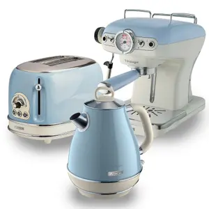 Ariete ARPK6 Vintage Retro Jug Kettle, Toaster & Espresso Coffee Machine Set, Blue