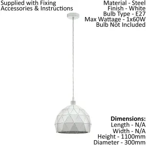 Pendant Ceiling Light White Steel Round Faceted Shade White Flex Bulb E27 1x60W