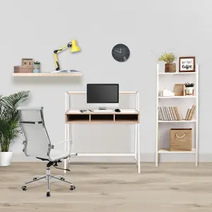 Nautilus Designs Oak Computer Desk with White Frame & Upper Storage Shelf