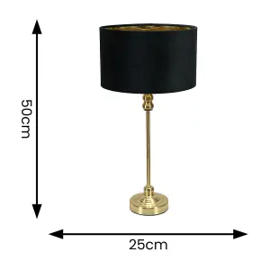 ValueLights Maggie Gold Candlestick Table Lamp with Black Velvet with Gold Inner Lamp Shade and LED Bulb