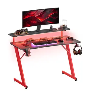 SONGMICS HOME Gaming Desk with LED Lights, Z-Shaped Computer Desk with Monitor Stand, Cup Holder and Headphone Hook