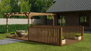 Rectangular pergola and decking kit with balustrade V.11, 3m x 4.8m, Rustic brown finish