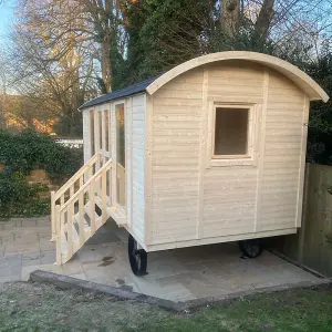 Inmedias Garden Shepherds Hut Log Cabin - 4.8m x 2.4m - Glamping Pod Building with Decorative Wheels