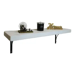 Solid Wood Handmade Rustical Shelf White 225mm 9 inch with Black Metal Bracket BOW Length of 90cm