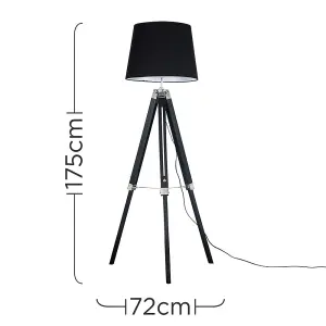 ValueLights Clipper Black Wood and Silver Chrome Tripod Floor Lamp with Black Tapered Light Shade with 6w LED GLS Bulb