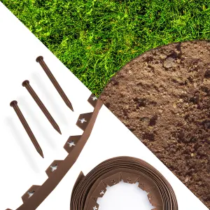 KCT 40m Metre Brown Flexible Plastic Lawn Edging Grass Border with Pegs Garden Edger Heavy Duty Flower Bed