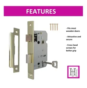 3 Lever Mortice Brass Sash Lock Key 2.5" 64mm Bolt Through Reversable Bathroom Handle Locks