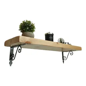 Solid Wood Handmade Rustical Shelf Primed 225mm 9 inch with Silver Metal Bracket WOZ Length of 220cm