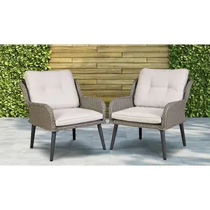 Set of 2 Grey Rattan Garden Dining Armchairs with Cushions for Outdoor Use