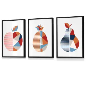 Set of 3 Framed  Fruit Kitchen Wall Art in Red, Blue and Orange / A3 (30x42cm) / Black Frames