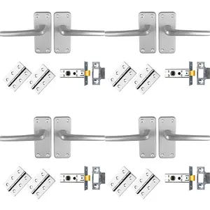 4 PACK - Commercial Straight Door Handle & Latch Pack Set- Satin Aluminium Lever Backplate