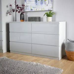 Home Source Lugano Grey 6 Drawer Wide Chest of Drawers High Gloss Drawer Fronts