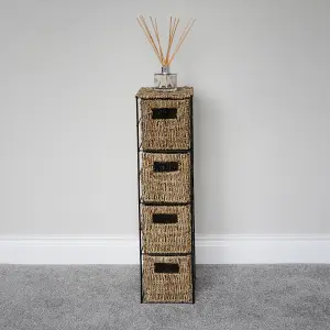 JVL Seagrass Basket 4 Drawer Tower Storage Unit with Metal Frame Home Office