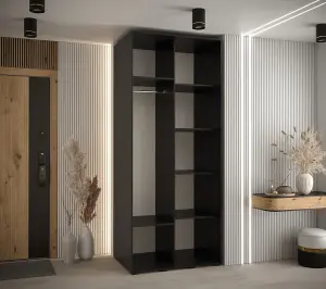 Sleek Black Sliding Door Wardrobe H2050mm W1000mm D600mm with Black Steel Handles and Decorative Strips