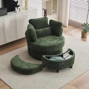 Chenille Swivel Armchair with 3 Back Cushion Pillow Ottoman Crescent Stool, Green