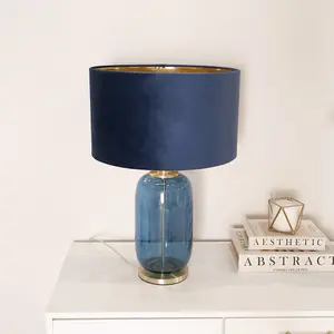 ValueLights Leigh Navy Blue and Gold Glass Table Lamp with Navy Velvet and Gold Inner Shade and LED Bulb