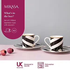 Mikasa Luxe Deco Geometric Stripe Set of 2 100ml Espresso Cups & Saucers