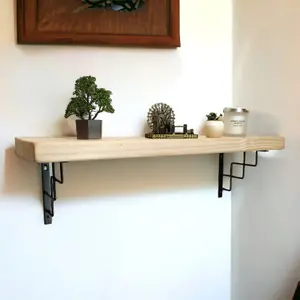 Solid Wood Handmade Rustical Shelf Unprimed 225mm 9 inch with Black Metal Bracket SQUARE Length of 160cm