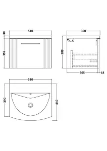 Retro 1 Drawer Wall Hung Vanity Unit with Curved 1 Tap Hole Ceramic Basin - 500mm - Satin Blue - Balterley