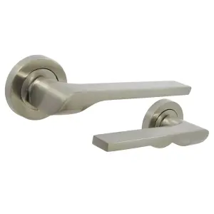 UNO-2 Door Handle Lock Key Set Modern Satin Nickel Lever on Rose Internal Escutcheon